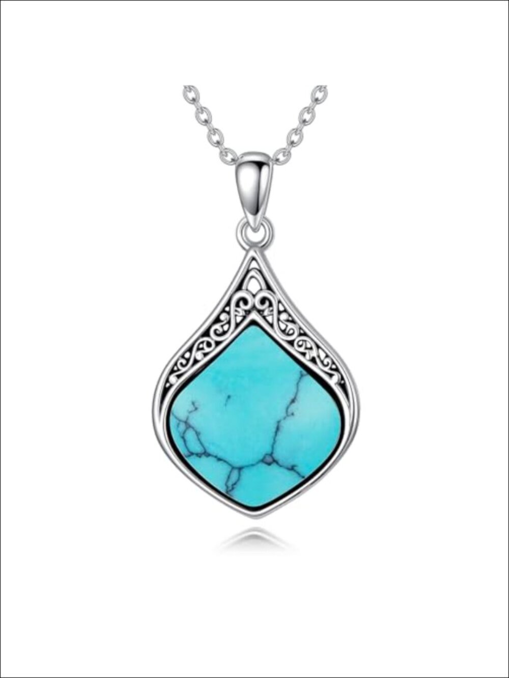 Teardrop Turquoise Necklace 925 Sterling Silver Vintage Filigree Pendant